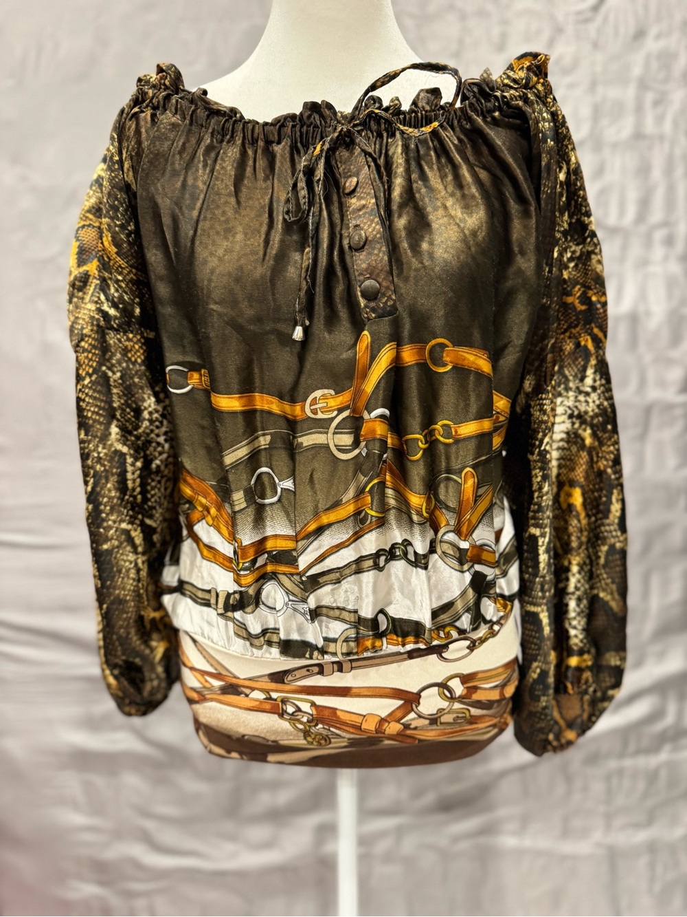 Brown & Gold Printed Off-Shoulder Peasant Blouse